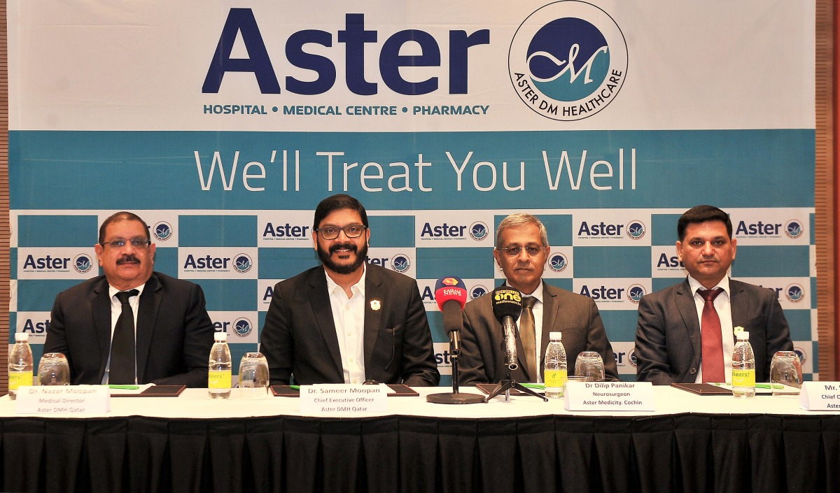 From left: Dr. Nazar Moopan, Medical Director at Aster DMH Qatar; Dr. Sameer Moopan, Chief Executive Officer at Aster DMH Qatar; Dr. Dilip Panikar, Neurosurgeon at Aster Medicity Cochin, India, and Kapil Chib, Chief Operating Officer at Aster Hospital Doh