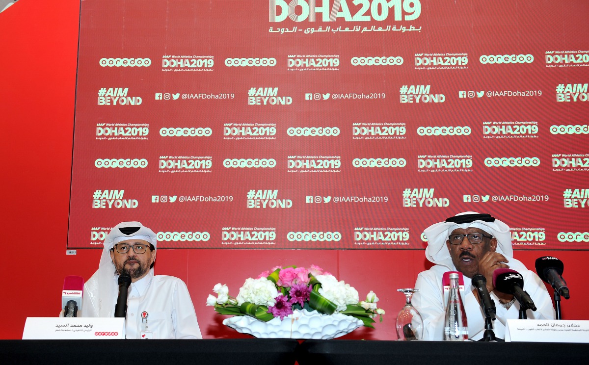 Waleed Al Sayed (left), Deputy CEO of Ooredoo Group and CEO of Ooredoo Qatar, with Dahlan Al Hamad, Vice-President of International Association of Athletics Federations (IAAF) addressing the media at a briefing on IAAF World Championship (Doha 2019), held