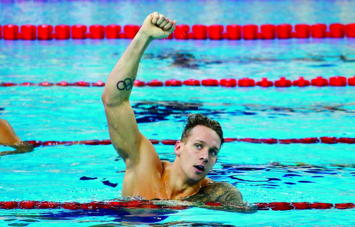  In this file photo taken on December 16, 2018 Caeleb Dressel of the US reacts after winning the men's 100m freestyle final at the 14th FINA World Swimming Championships in Hangzhou in China's eastern Zhejiang province. AFP 