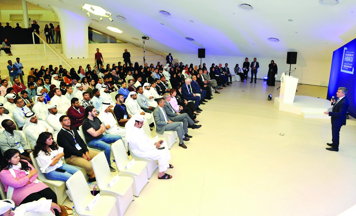 Dr. Ahmad M Hasnah, President of Hamad Bin Khalifa University (HBKU), addressing the Orientation Day event at the College of Islamic Studies at HBKU in Doha, yesterday. 
Pics: Salim Matramkot  / The Peninsula
