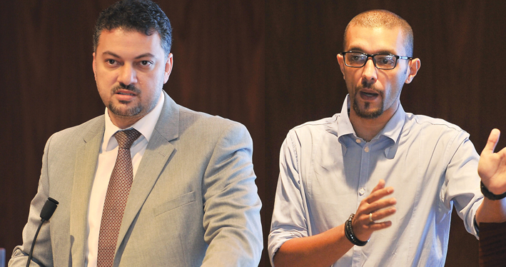 Doha Bank eCommerce Specialist Hussain Mohammad Hasan (left) and MaktApp’s Co-Founder and CMO Muhammad Nabil during their presentation at the workshop hosted by the Ministry of Commerce and Industry in cooperation with the Ministry of Transport and Commun