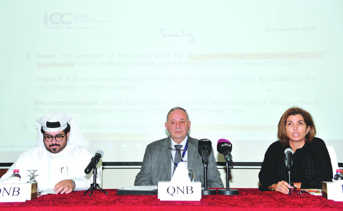 The members of the International Chamber of Commerce (ICC) Qatar Banking Commission, addressing the seminar on Financial Guarantee Letter at the Qatar Chamber in Doha yesterday. Pic: Salim Matramkot/The Peninsula
