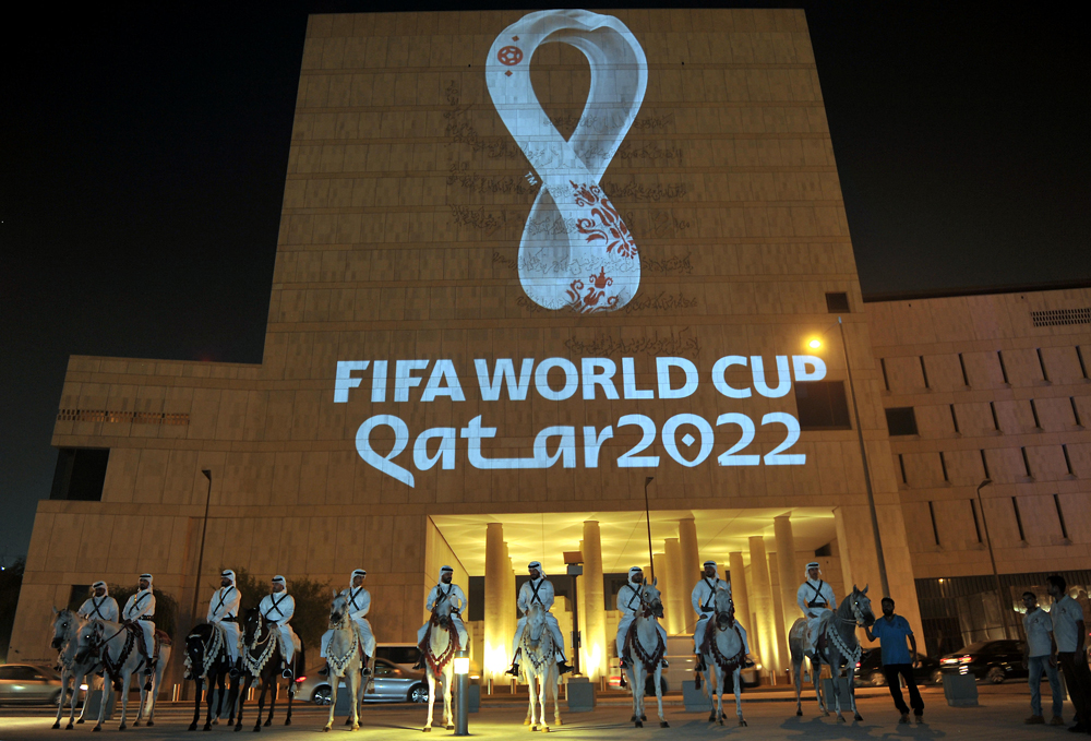 Qatar 2022 World Cup official emblem unveiled at Souq Waqif yesterday. Pic: Abdul Basit