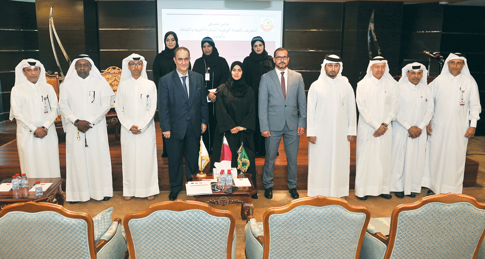 Mohammed Al Gamari (fourth left), Director of the Secretariat of the Executive Council, General Conference and Specialized Conferences of ISESCO; Dr Hamda Hassan Al Sulaiti (fifth left), Secretary-General of the Qatar National Commission for Education, Cu