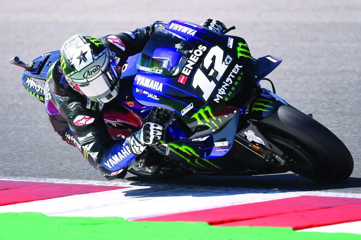 Monster Energy Yamaha Spanish rider, Maverick Vinales takes a curve during a free practice session ahead of the San Marino MotoGP Grand Prix race at the Misano World Circuit Marco Simoncelli on September 13, 2019. AFP / Marco Bertorello
