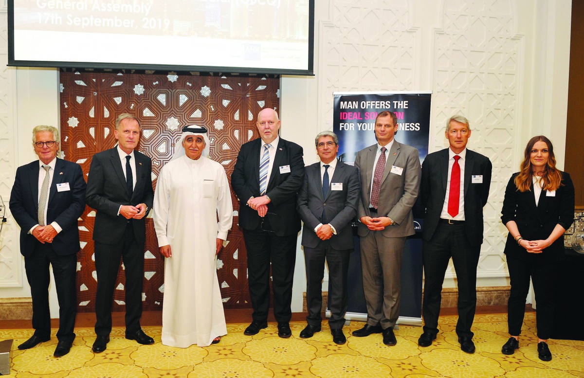 Germany’s Ambassador to Qatar Hans-Udo Muzel, (second left) with Sheikh Nawaf bin Nasser bin Khaled Al Thani, Chairman of Nasser Bin Khaled (NBK) Holding, (third left), and the newly elected German Business Council Qatar board members during a meeting in 