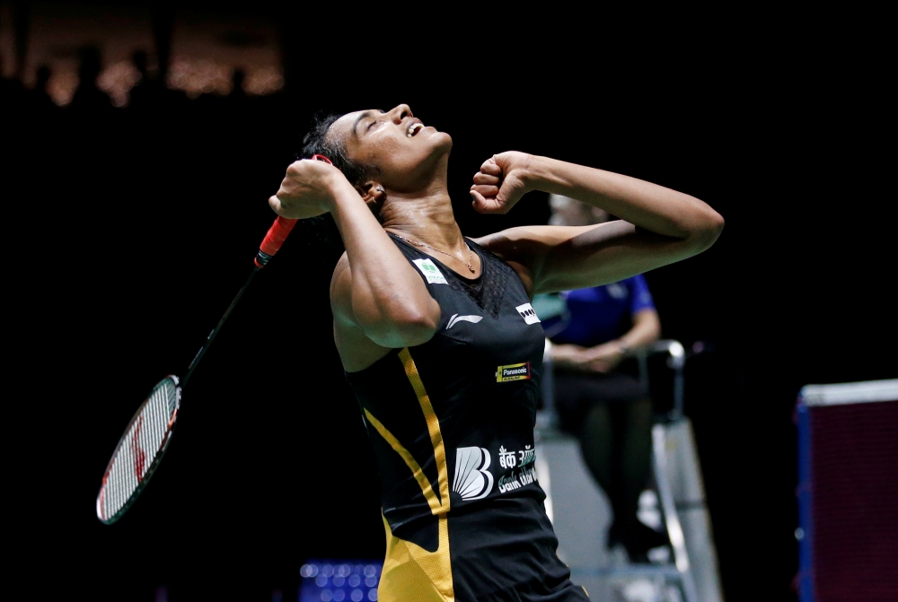 India's Pusarla Sindhu reacts during her final women's singles match against Japan's Nozomi Okuhara REUTERS/Vincent Kessler/File Photo