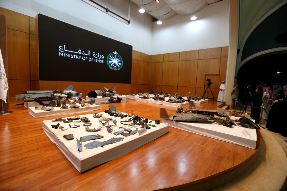 Remains of the missiles which Saudi government says were used to attack an Aramco oil facility are displayed during a news conference in Riyadh, Saudi Arabia September 18, 2019. REUTERS/Hamad I Mohammed