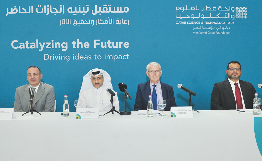 FROM LEFT: Mohammad Zebian, Program Manager Accelerators at QSTP; Yosouf Saleh, Executive Director at QSTP; Dr. Richard O’Kennedy, Vice-President of QF RDI, and Dr. Ashraf Aboulnaga, Research Director at QCRI, during a press conference at QSTP yesterday. 