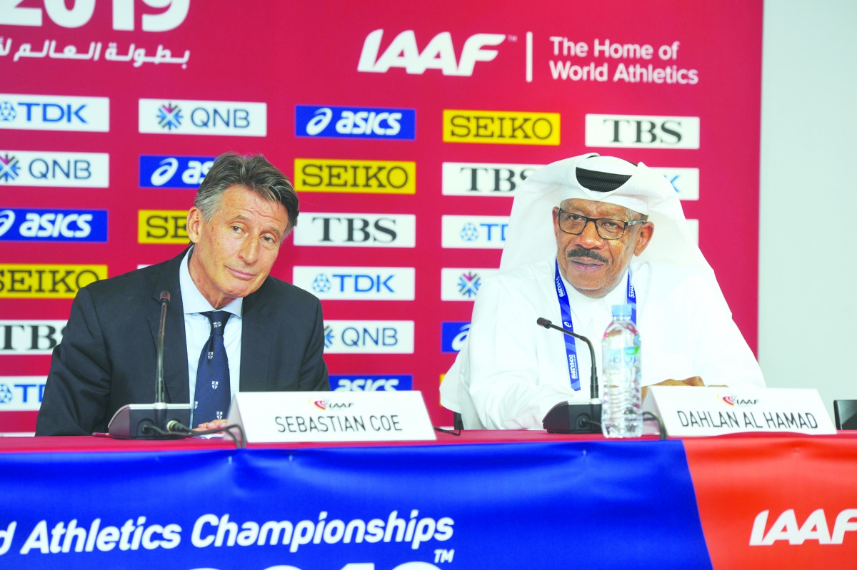 Dahlan Al Hamad (right), Director-General of the Local Organising Committee and Vice-President of the IAAF and Lord Sebastian Coe, IAAF President addressing the media during a press conference held in Doha yesterday. Picture: Abdul Basit / The Peninsula