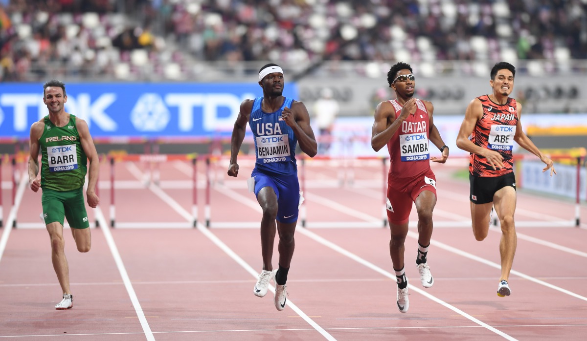 USA’s Rai Benjamin (second left), Qatar’s Abderrahman Samba (second right) and Japan’s Takatoshi Abe compete in the Men’s 400m Hurdles semi-final during the 2019 IAAF World Athletics Championships at the Khalifa International Stadium in Doha, yesterday. P