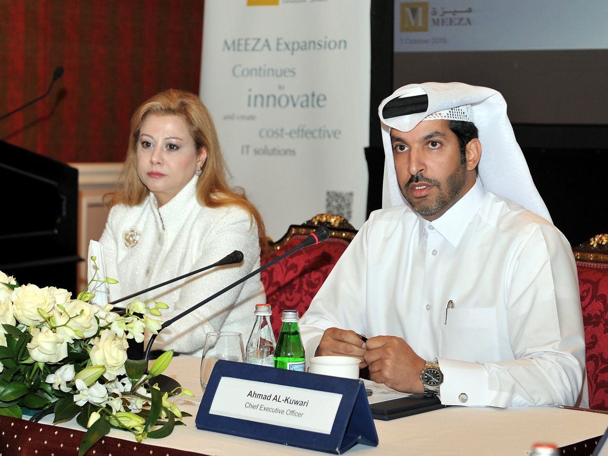 Ghada Philip El Rassi (left), MEEZA Expansion Chief Executive Officer; and Ahmad Al Kuwari, MEEZA Chief Executive Officer, during the media briefing held at the Ritz-Carlton Hotel, in Doha yesterday.  Pic: Salim Matramkot/The Peninsula
