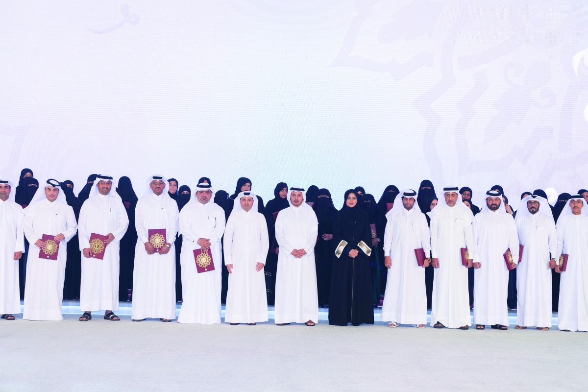 Prime Minister and Interior Minister H E Sheikh Abdullah bin Nasser bin Khalifa Al Thani during the annual celebration of World Teachers’ Day held at the Qatar National Convention Center, yesterday. A line-up of Their Excellences Sheikhs, Ministers and me