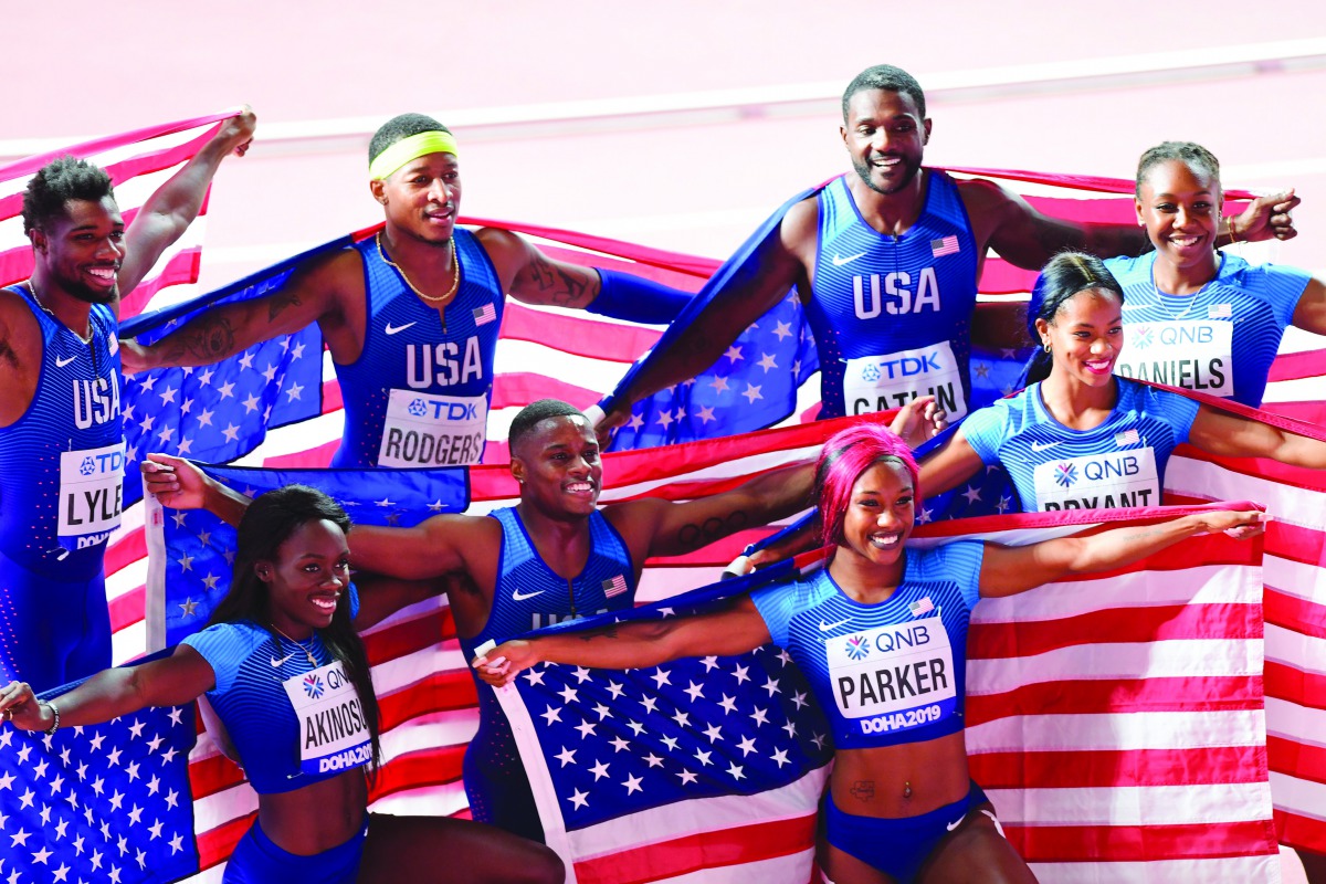 Michael Rodgers, Christian Coleman, Justin Gatlin and Noah Lyles of the US celebrate after winning the men’s 4x100 metres relay gold with the US women’s 4x100m relay team who won the bronze medal on Saturday.
Picture: Abdul basit / The Peninsula 