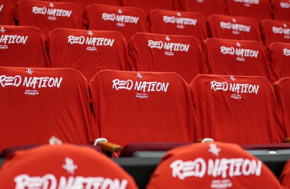 FILE PHOTO: May 4, 2019; Houston, TX, USA; General view of shirts on seats before game three of the second round of the 2019 NBA Playoffs between the Houston Rockets and the Golden State Warriors at Toyota Center. Mandatory Credit: Troy Taormina-USA TODAY