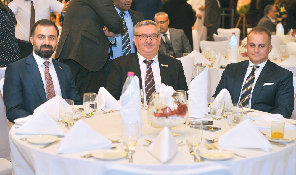 FROM LEFT: Director of Yunus Emre Cultural Institute Qatar, Dr. Selcuk Kursat Koca; Turkish Ambassador to Qatar, Fikret Ozer; and General Manager of Turkish Airlines Qatar, Mehmed Zingal  during the Turkish Airlines annual event in Doha. Pic: Baher Amin /