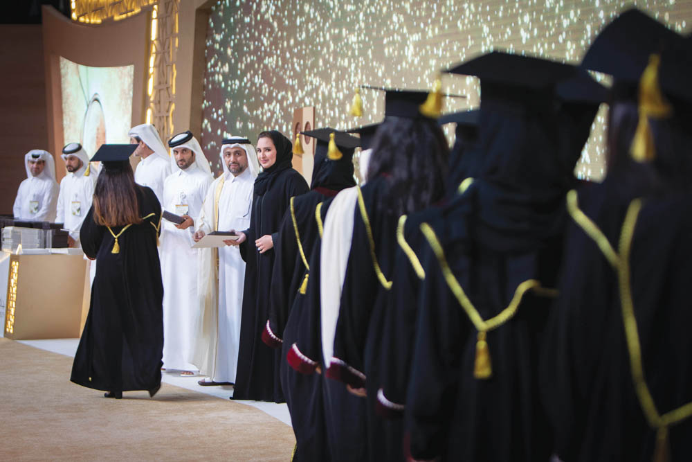 H H Sheikha Jawaher bint Hamad bin Suhaim Al Thani honouring outstanding graduates at the event. 