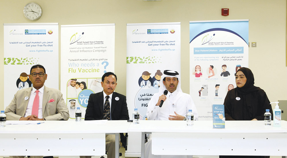 FROM LEFT: Dr. Khalid Hamid Elawad, Health Protection Manager at PHCC; Dr. Abdullatif Al Khal, Chairman of Pandemic Preparedness Committee/Head of Infectious Disease, HMC; Dr. Hamad Al Romaihi, Health Protection and Communicable Diseases Manager at MOPH, 