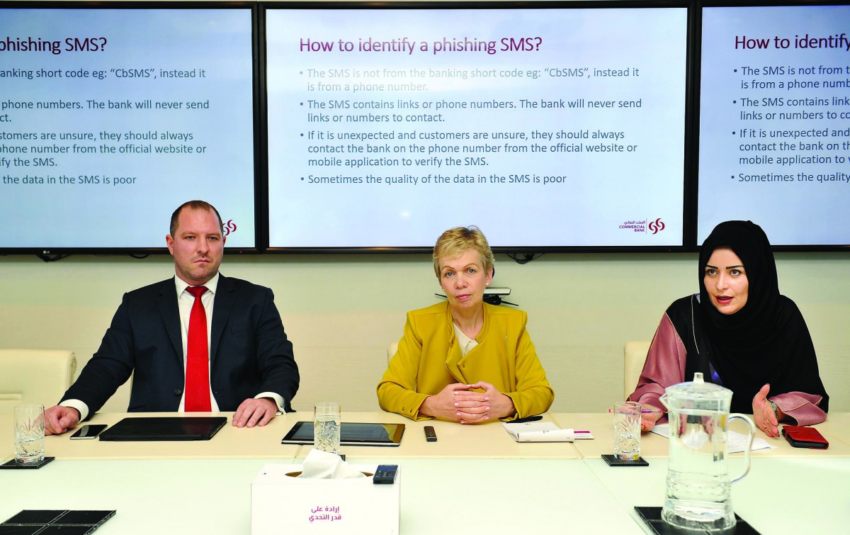 FROM LEFT:  Benjamin Beaston, Chief Information Security Officer, Banking Operations, Commercial Bank; Leonie Lethbridge, EGM and Chief Operating Officer; and Abeer Marwan Al Kalla, Head of Corporate Communications and CSR, Marketing, addressing the media