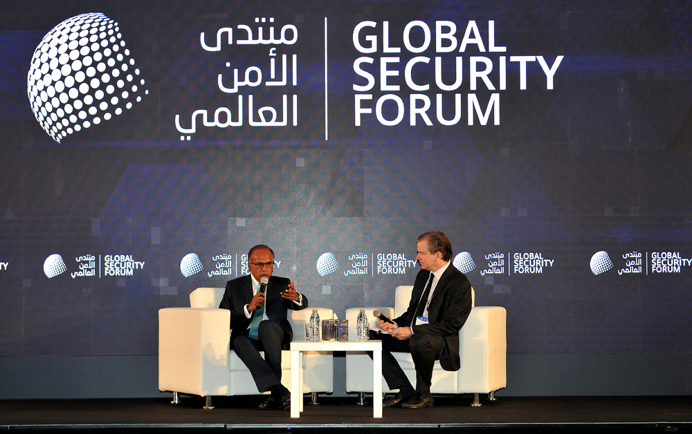 The Minister of Home Affairs and Minister of Law, Singapore, K Shanmugam, being interviewed by CNN National Security Analyst and Vice President, Global Studies and Fellows, New America, Peter Bergen,  during the Global Security Forum, at the St Regis Hote