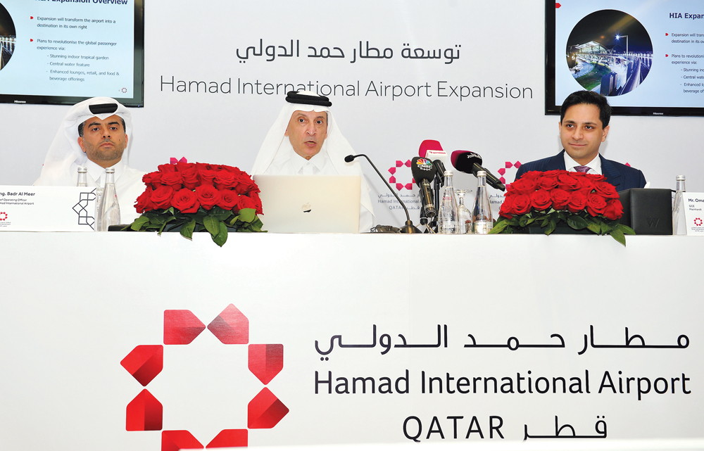 Akbar Al Baker (centre), Group Chief Executive, Qatar Airways; Engr. Badr Mohammed Al Meer (left), Chief Operating Officer of HIA, and Omar Shahzad, Group CEO, Meinhardt, addressing the press conference at Doha Exhibition and Convention Center, yesterday 