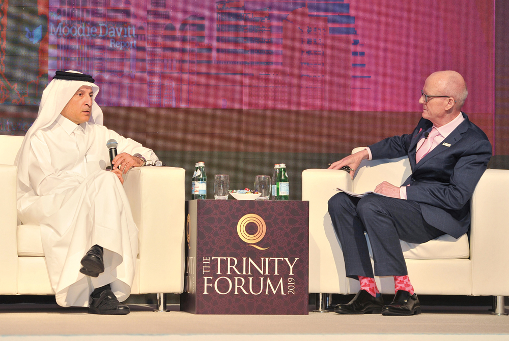 Akbar Al Baker, Group Chief Executive, Qatar Airways, and Founder and Chairman of the Moodie Davitt Report, Martin Moodie, during the opening of the Trinity Forum 2019 held at St. Regis yesterday. Pic: Baher Amin / The Peninsula