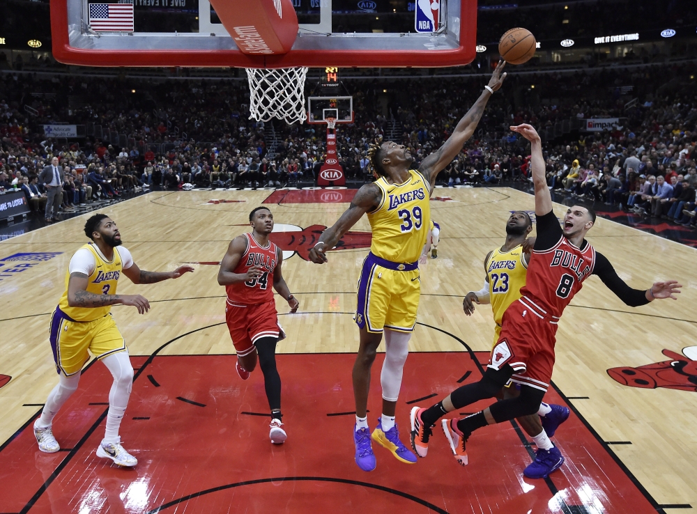 Nov 5, 2019; Chicago, IL, USA; Los Angeles Lakers center Dwight Howard (39) blocks the shot of Chicago Bulls guard Zach LaVine (8) in the second half at United Center. Mandatory Credit: Quinn Harris-USA TODAY Sports