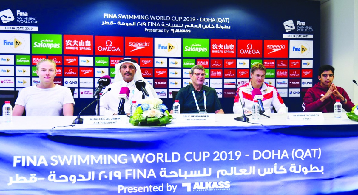 FROM LEFT: Sweden’s Michelle Coleman, QSA President Khaleel Al Jabir, FINA Vice-President Dale Neuburger, Russia’s Vladimir Morozov and Qatar’s Abdulaziz Al Obaidly during a press conference, yesterday.