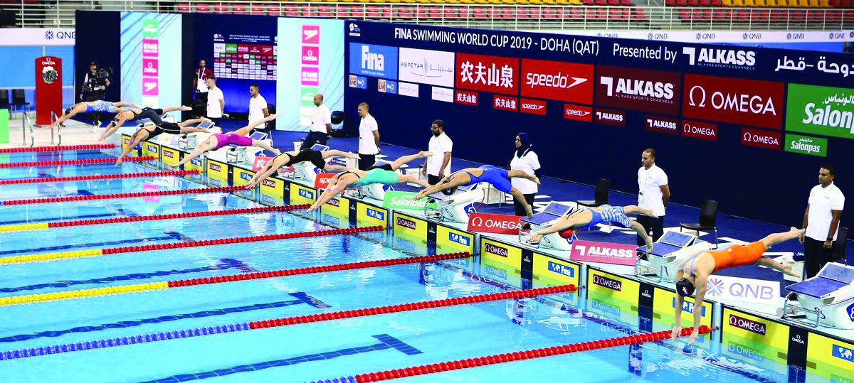 Swimmers in action on the opening day of the FINA Swimming World Cup Doha 2019 at the Hamad Aquatic Centre yesterday. Picture: Twitter / @SWCDOHA