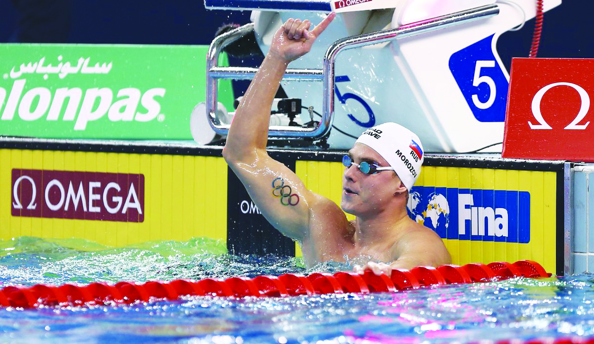 Russia’s Vladimir Morozov celebrates after winning the men’s 50m freestyle final during the opening day of the FINA Swimming World Cup Doha 2019 at the Hamad Aquatic Centre yesterday.    
