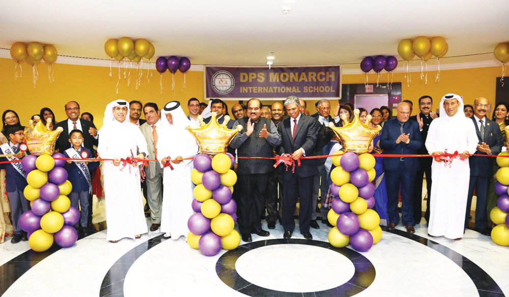 Under-secretary of the Ministry of Education and Higher Education, Ibrahim Saleh Al Nuaimy; Ambassador of India to Qatar, P Kumaran; and school officials inaugurating the school. 