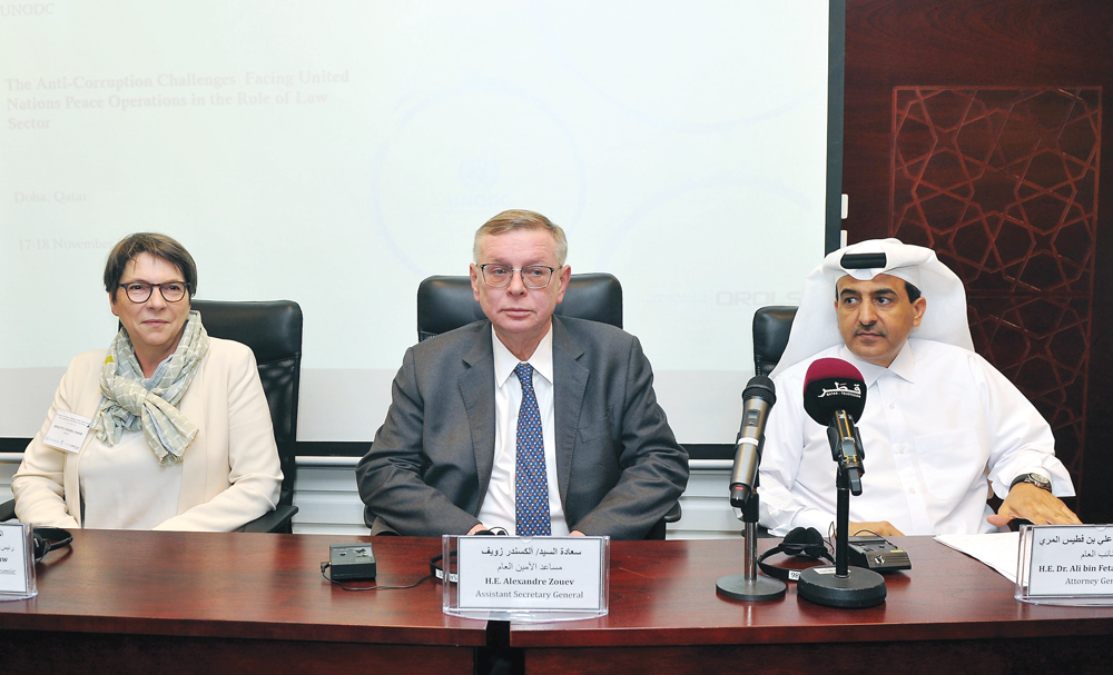 H E Dr Ali bin Fetais Al Marri, the Attorney-General (right), with Alexandre Zouev (centre), United Nations Assistant Secretary-General Office of Rule of Law and Security Institutions (OROLSI), and Ms. Brigitte Strobel-Shaw, Chief Corruption and Economic 