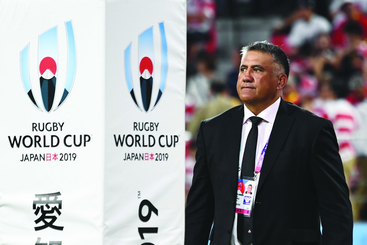 Japan's head coach Jamie Joseph looks on prior to the Japan 2019 Rugby World Cup Pool A match between Japan and Samoa at the City of Toyota Stadium in Toyota City on October 5, 2019.  AFP / Anne-Christine Poujoulat
