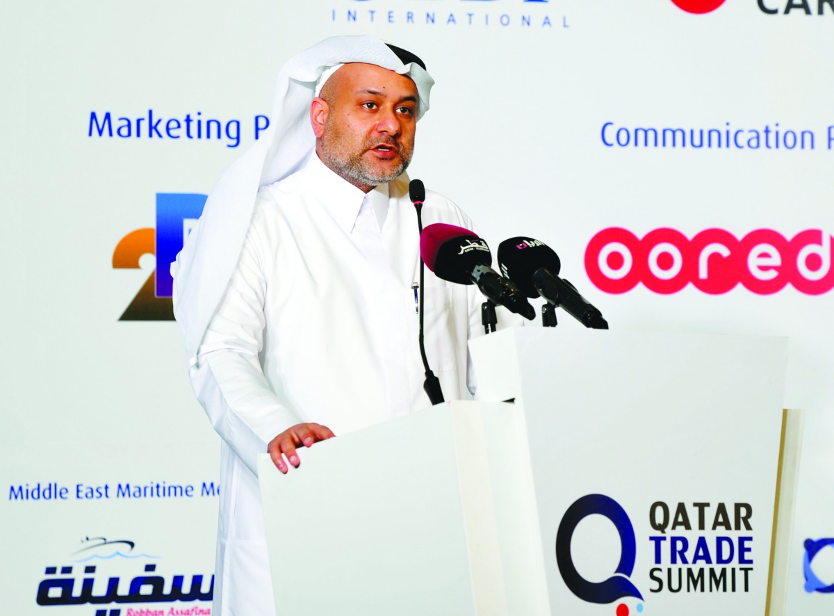 Yousuf Mohamed Al Jaida speaking at the opening session of the Qatar Trade Summit at the InterContinental Hotel Doha The City, yesterday. Pic: Abdul Basit/The Peninsula