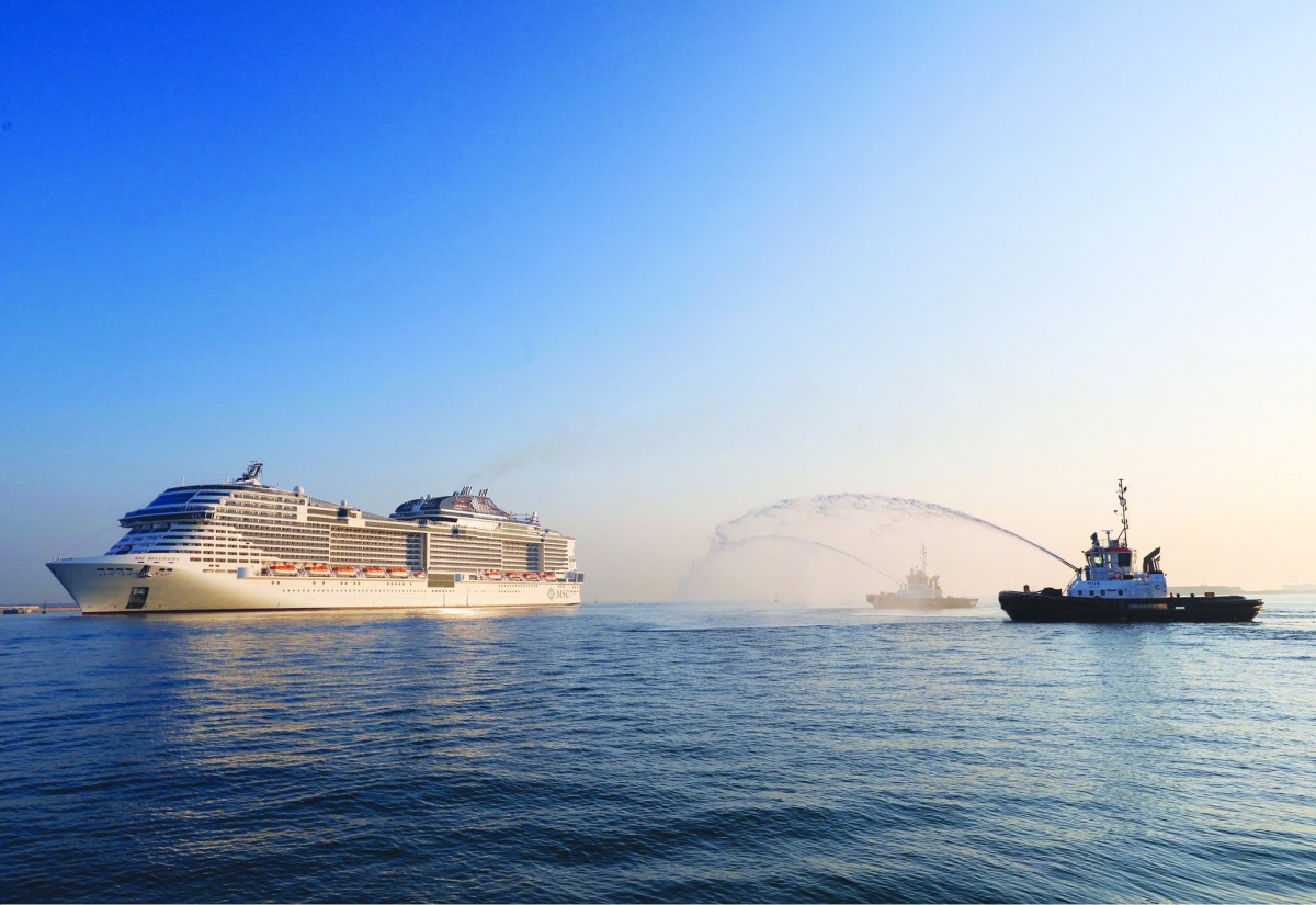 A water cannon salute welcoming the MSC Bellissima on arrival at Doha Port, yesterday.