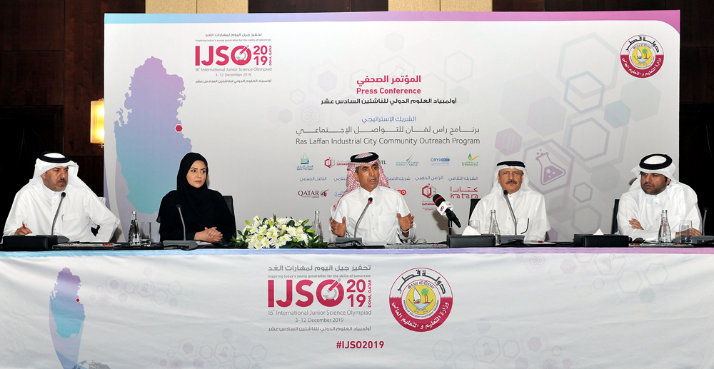 The Undersecretary of the Ministry of Education and Higher Education, Dr Ibrahim bin Saleh Al Nuaimi (centre), addressing a press conference about the upcoming 16th International Junior Science Olympiad (IJSO 2019), in Doha, yesterday.  Pic: Salim Matramk