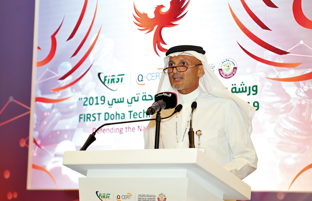 Engineer Khalid Sadiq Al Hashimi, Assistant Undersecretary for Cyber Security Department at the Ministry of Transport and Communications, speaking at the workshop on cybersecurity, organised at the Messila Resort and Spa, in Doha, yesterday. Pic: Salim Ma