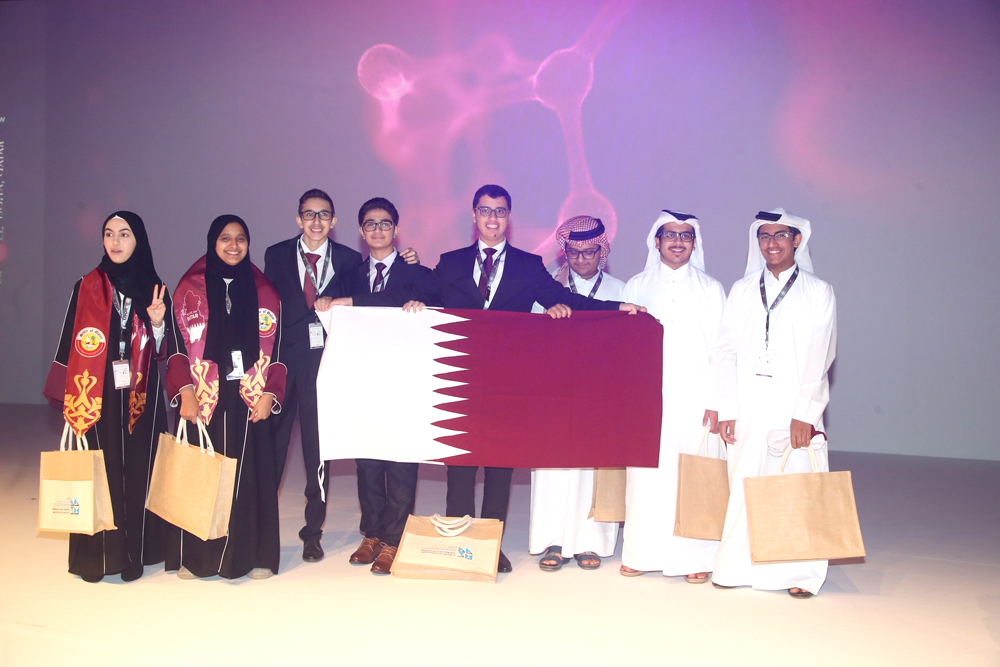 Members of Qatar Team, the winner of the International Scientific Competition organised by the Scientific Committee of IJSO 2019 and QEERI with their prizes during the opening ceremony of Olympiad. 