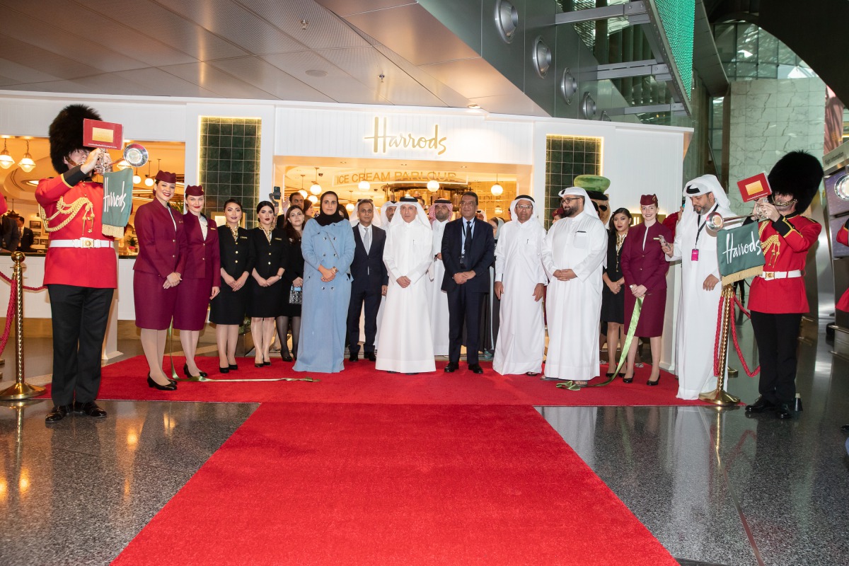 The Chairperson of Qatar Museums, H E Sheikha Al Mayassa bint Hamad Al Thani; Qatar Airways Group Chief Executive, H E Akbar Al Baker and other dignitaries during the inauguration of the Harrods Tea Room at HIA. 