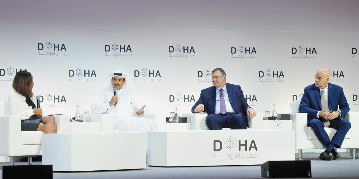 H E Saad Sherida Al Kaabi, Minister of State for Energy Affairs and the President and CEO of Qatar Petroleum; Patrick Pouyanné, Chairman and CEO Total; and Claudio Descalzi, CEO, Eni, during a session at The Doha Forum 2019. Pic: Abdul Basit/The Peninsula