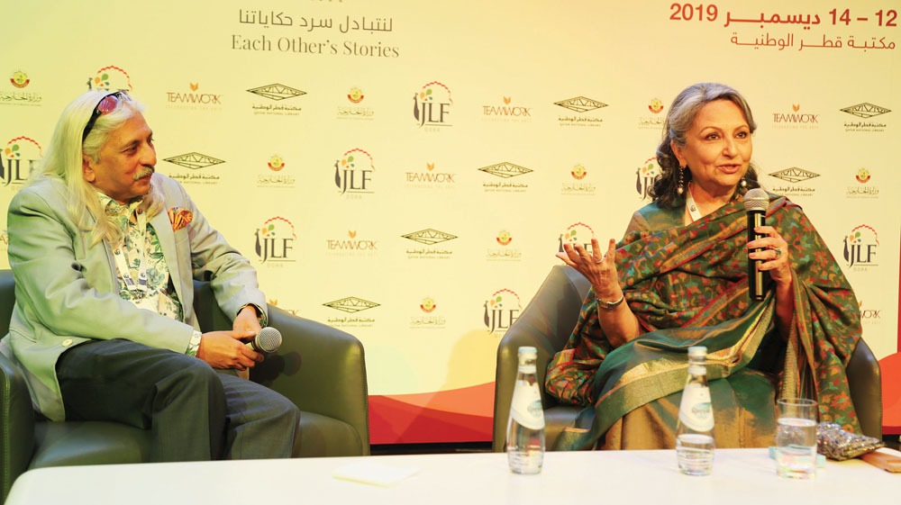 Legendary actor Sharmila Tagore (right) in conversation with Sanjoy K Roy, the producer of the iconic Jaipur Literature Festival, during JLF Doha held at the Qatar National Library. 