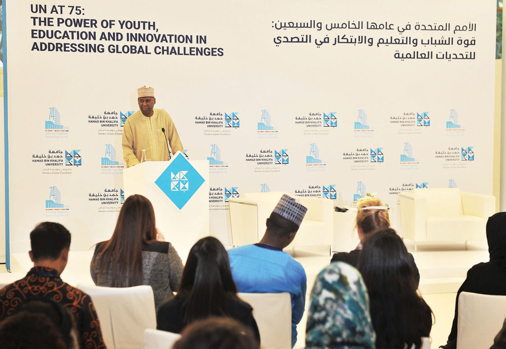 UN President of the General Assembly, Tijjani Muhammad Bande, delivering a lecture at HBKU, yesterday. Pic: Baher Amin/The Peninsula