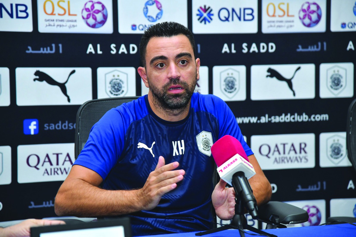 Al Sadd's coach Xavi Hernandez speaking during a press conference yesterday.