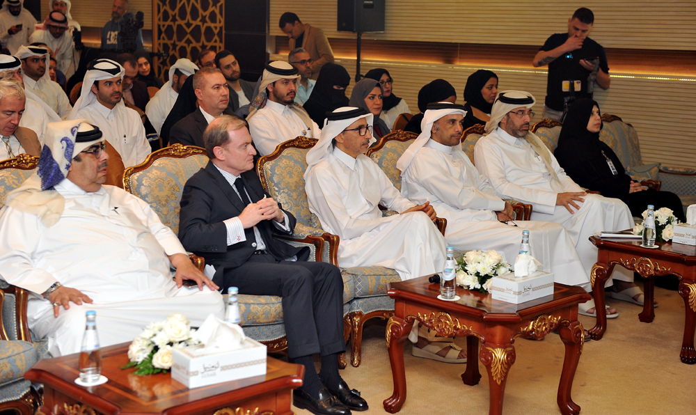 The Minister of Culture and Sports, H E Salah bin Ghanem Al Ali  (third left), with Franck Gellet, Ambassador of France to Qatar (second left), and other officials at the Doha International Book Fair press conference at the Ministry of Culture and Sports,