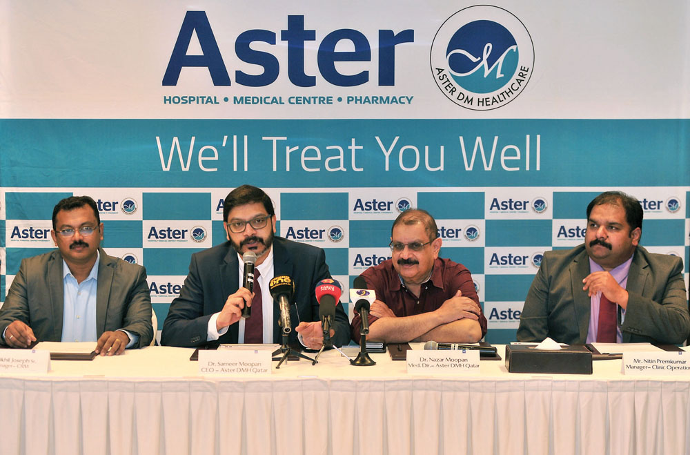 Nikhil Joseph, CRM Manager at Aster DMH Qatar; Dr Sameer Moopan, CEO; Dr Nazar Moopan, Medical Director, and  Nitin Premkumar, Clinic Operations Manager, during a press conference held to announce the launch of healthcare scheme at Oryx Rotana, yesterday.