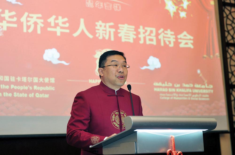 The Ambassador of China to Qatar, H E Zhou Jian, giving a speech on Chinese New Year celebration at the InterContinental Hotel Doha, on Tuesday. Pic: Abdul Basit / The Peninsula