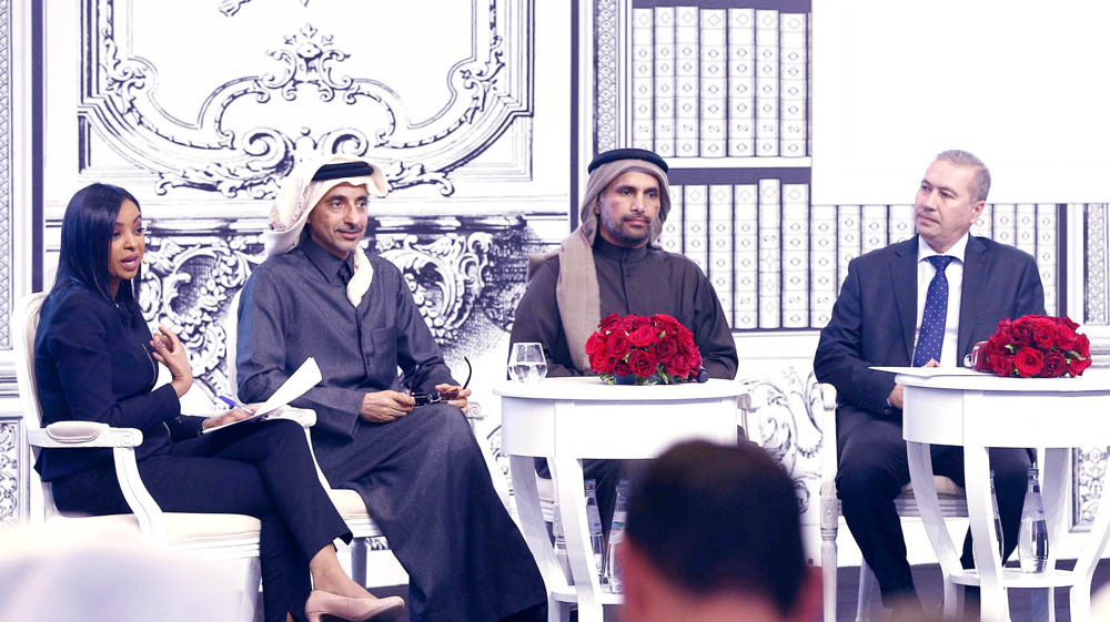 The Minister of Culture and Sports, H E Salah bin Ghanem Al Ali (second left), and Hamad Mohammed Al Zakiba, Director of Culture and Arts Department, at an open forum at the Book Fair at DECC. 