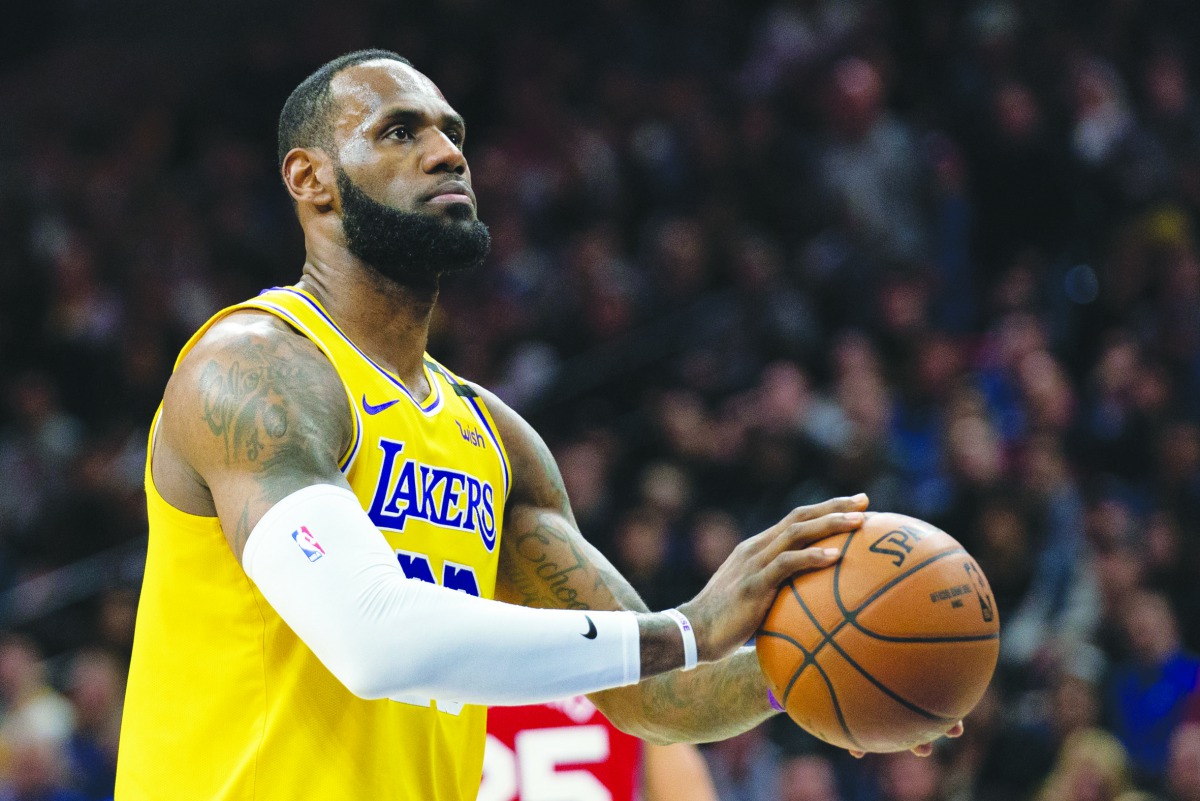 Los Angeles Lakers forward LeBron James (23) shoots a foul shot against the Philadelphia 76ers during the second quarter at Wells Fargo Center. Credit: Bill Streicher-USA TODAY Sports