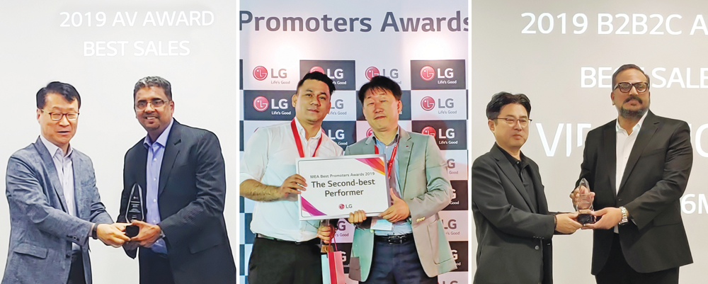 From left: James Lee, LG MEA CEO presents the Best Sales Performance Award for AV to Rajesh Menon, Product Head, Home Entertainment from Video Home; Michael Marquez, Store Manager receiving the second Best Promoter award from Young Hwan Choi, LG MEA GTM H