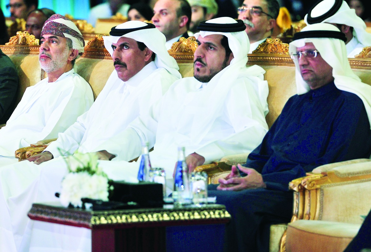 Qatar Central Bank Governor H E Sheikh Abdulla bin Saoud Al Thani (second left) and QCB Deputy Governor H E Sheikh Mohammed bin Hamad Al Thani (second right) with other officials, during the 3rd Annual QFMA Conference held at Sheraton Doha Hotel, yesterda